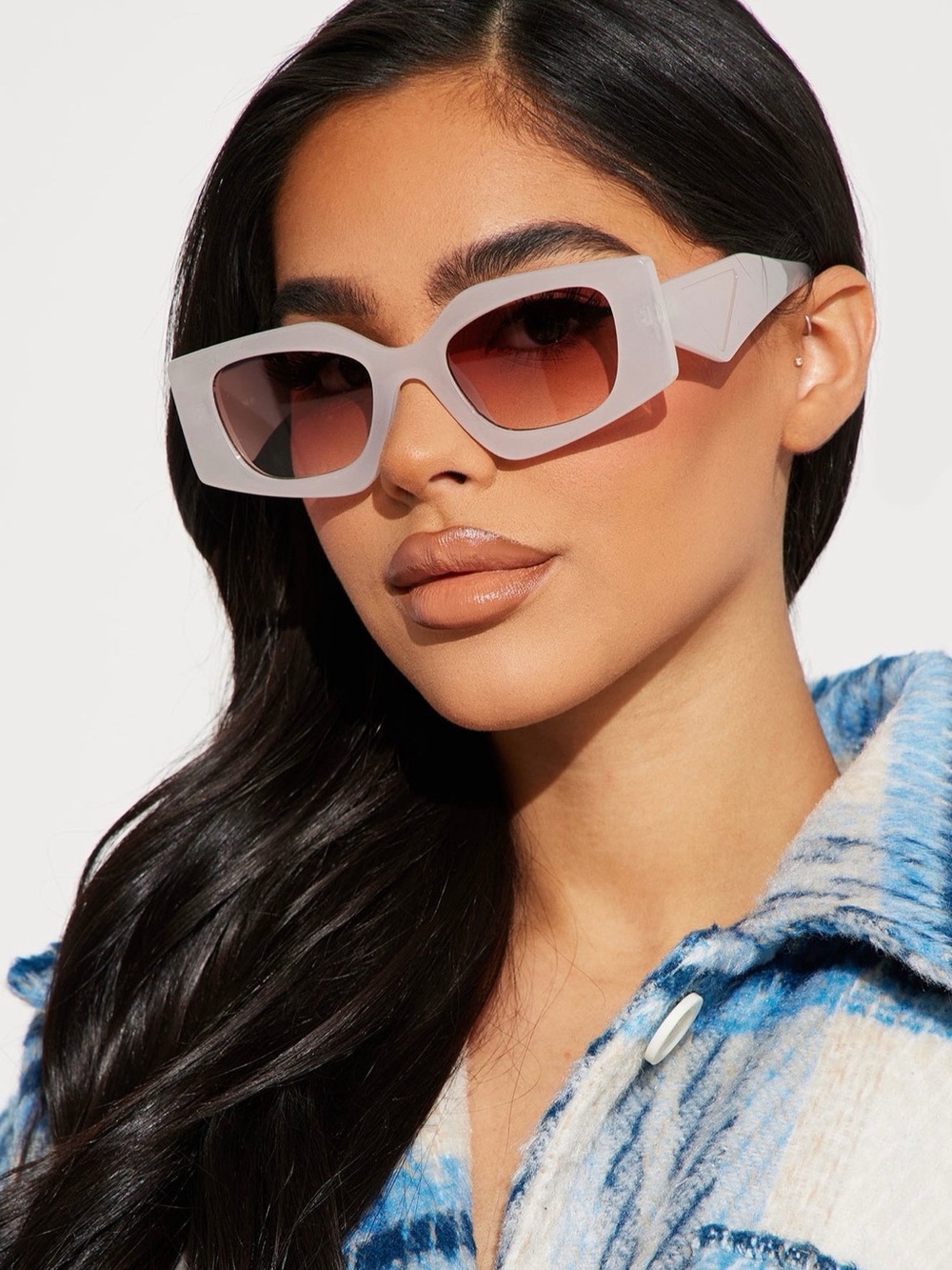 Fashion Nova White Cat-Eye Sunglasses with Brown Gradient Lenses